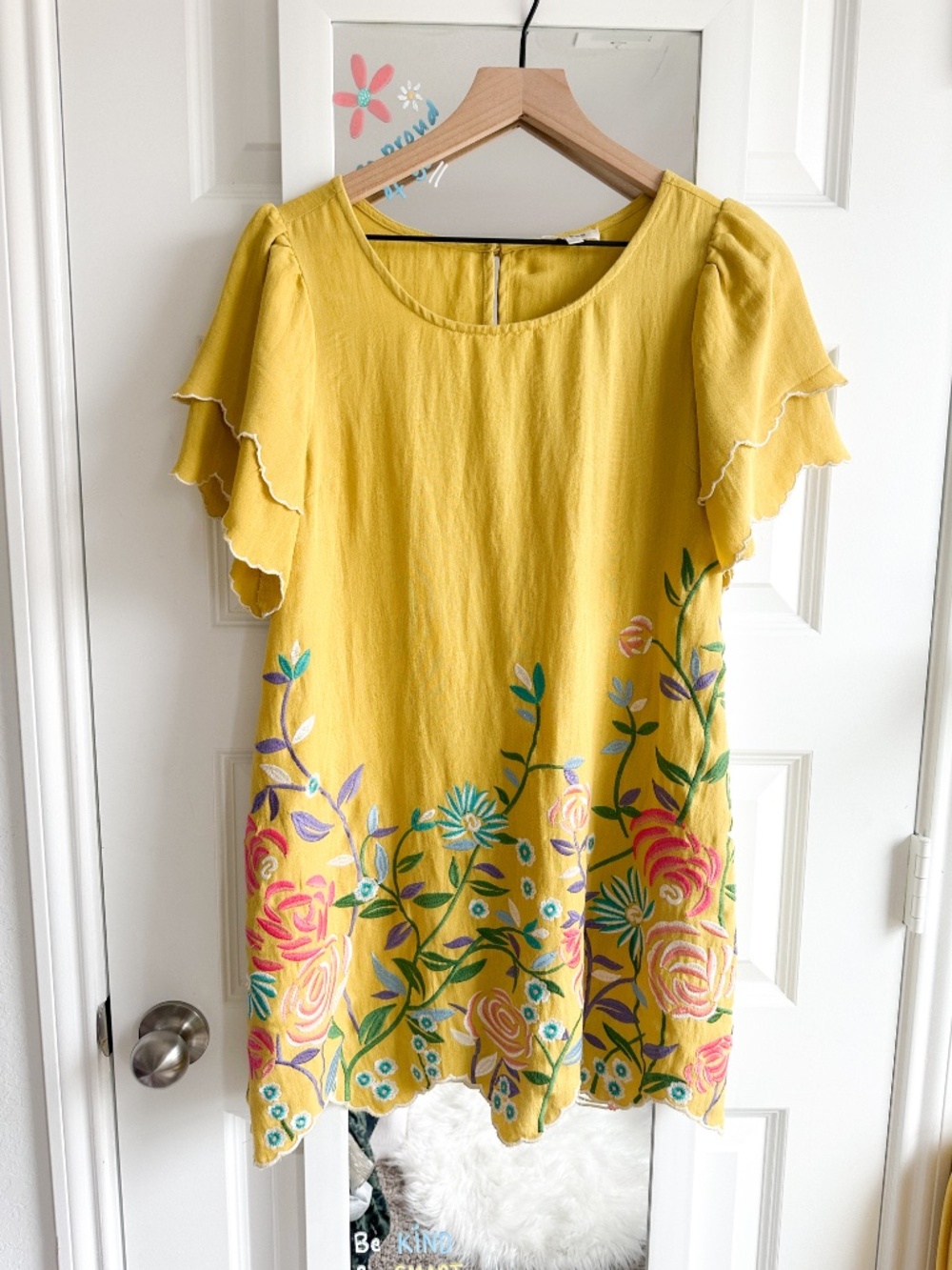 Umgee Mustard Floral Embroidered Tunic Dress S